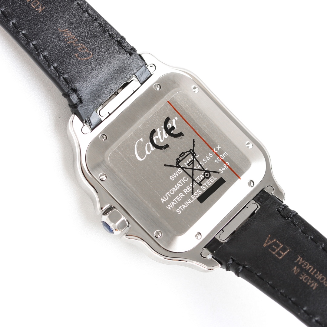 View of the caseback of the Taiwan Factory Super Clone Cartier Santos silver case replica watch, showing engravings and the black leather strap.