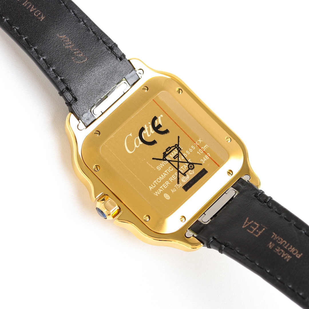 View of the caseback of the BVF Super Clone Cartier Santos gold case replica watch, showing engravings and the black leather strap.