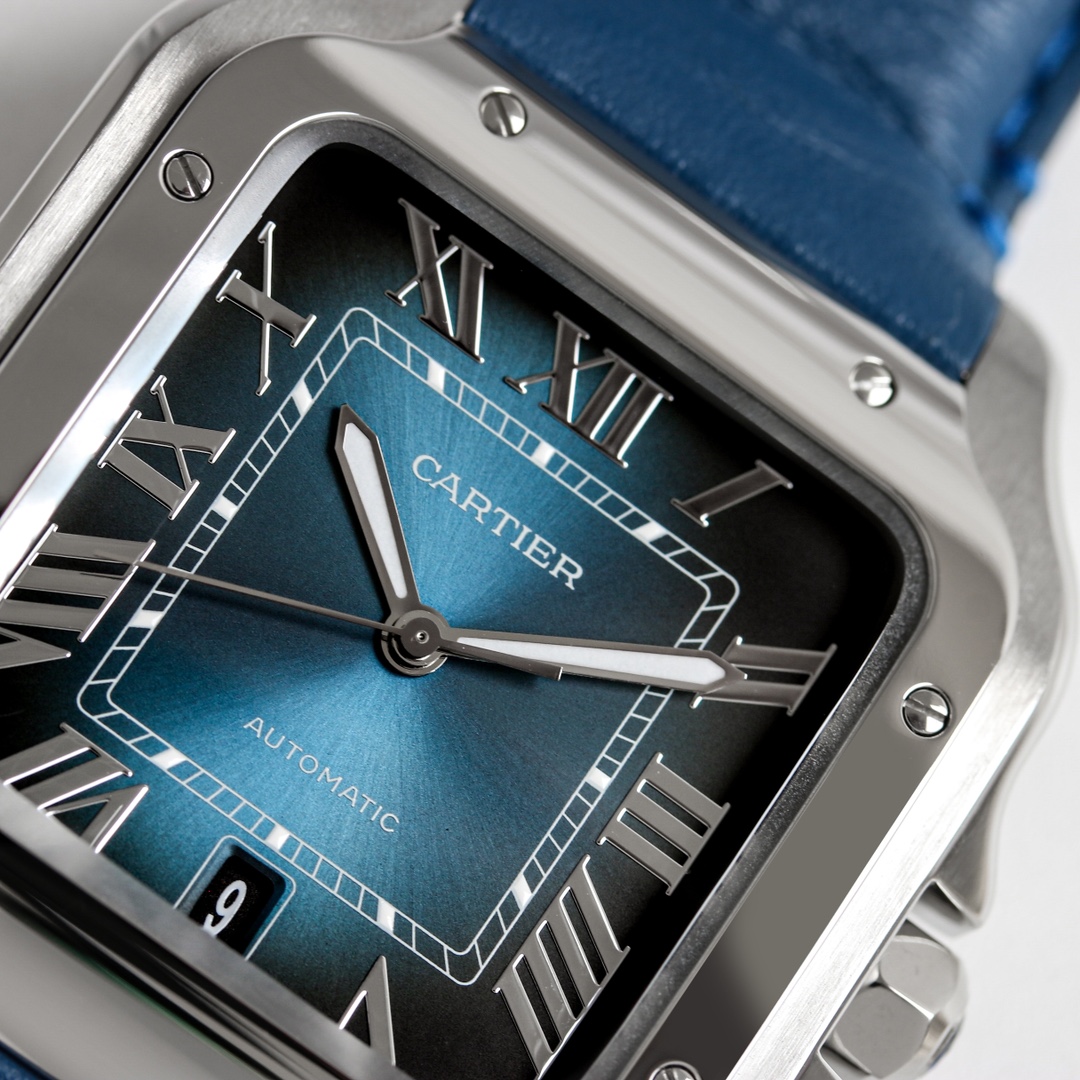 Close-up of the blue dial of the BVF Super Clone Cartier Santos silver case replica watch, clearly showing the hands and 