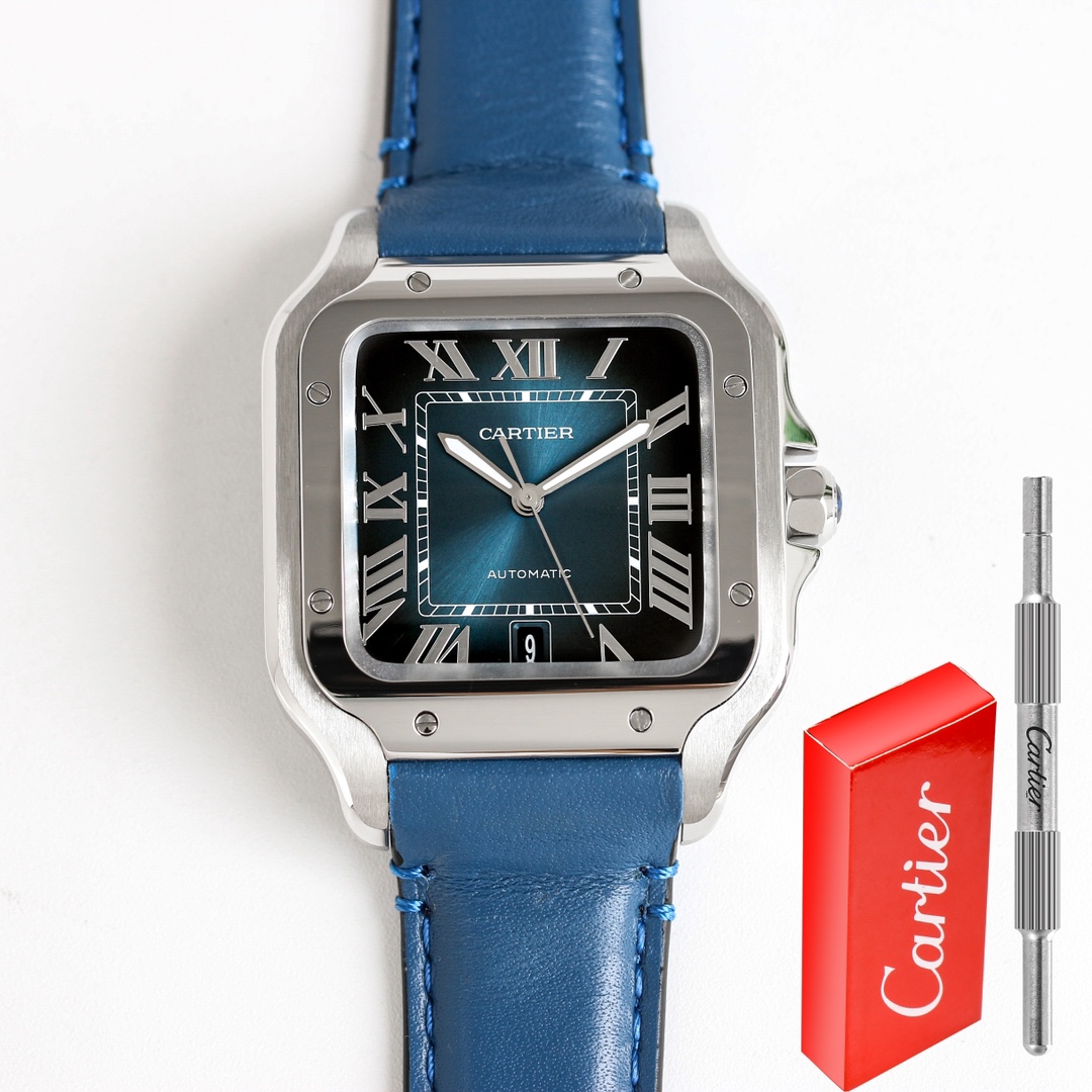 BVF Super Clone Cartier Santos silver case replica watch full view with blue dial, date display, blue leather strap, and a red Cartier box.
