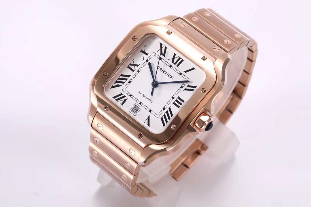 BVF Super Clone Cartier Santos rose gold replica watch clearly displaying the date window and its elegant rose gold steel bracelet.