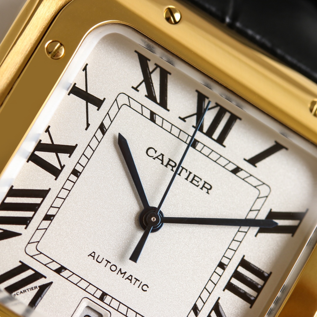 Close-up of the dial of the BVF Super Clone Cartier Santos gold case replica watch, clearly showing the blue hands and 