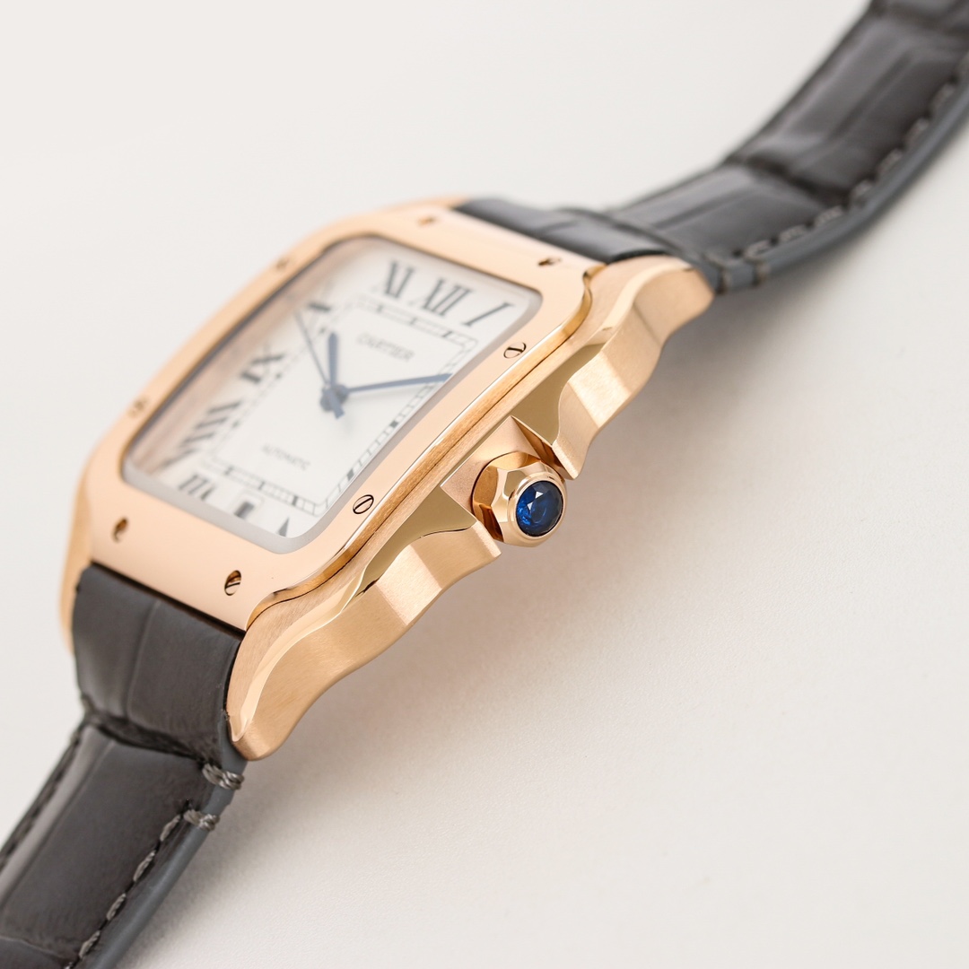 Side angle view of the BVF Super Clone Cartier Santos rose gold replica watch, with a close-up of the crown's blue gemstone.