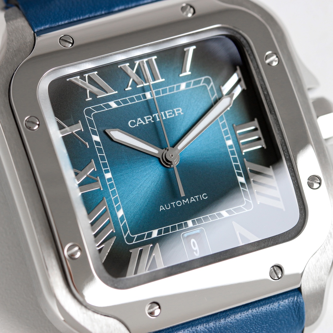 Detailed top close-up of the blue dial of the BVF Super Clone Cartier Santos silver case replica watch, showing Roman numerals and 