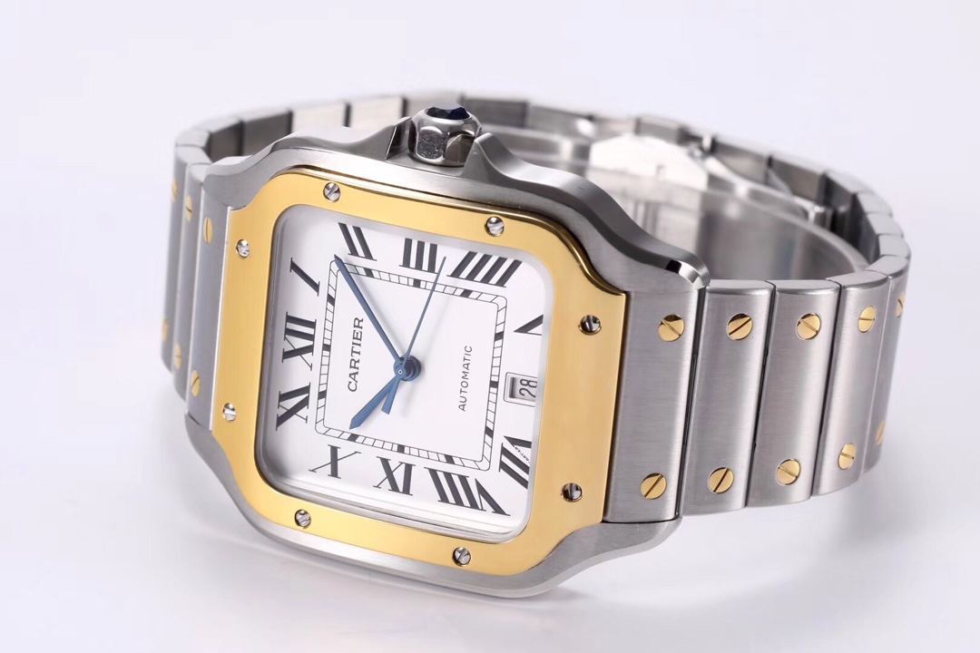 Angled view of the BVF Super Clone Cartier Santos two-tone case replica watch, with a close-up of the crown and the gold and steel bracelet.