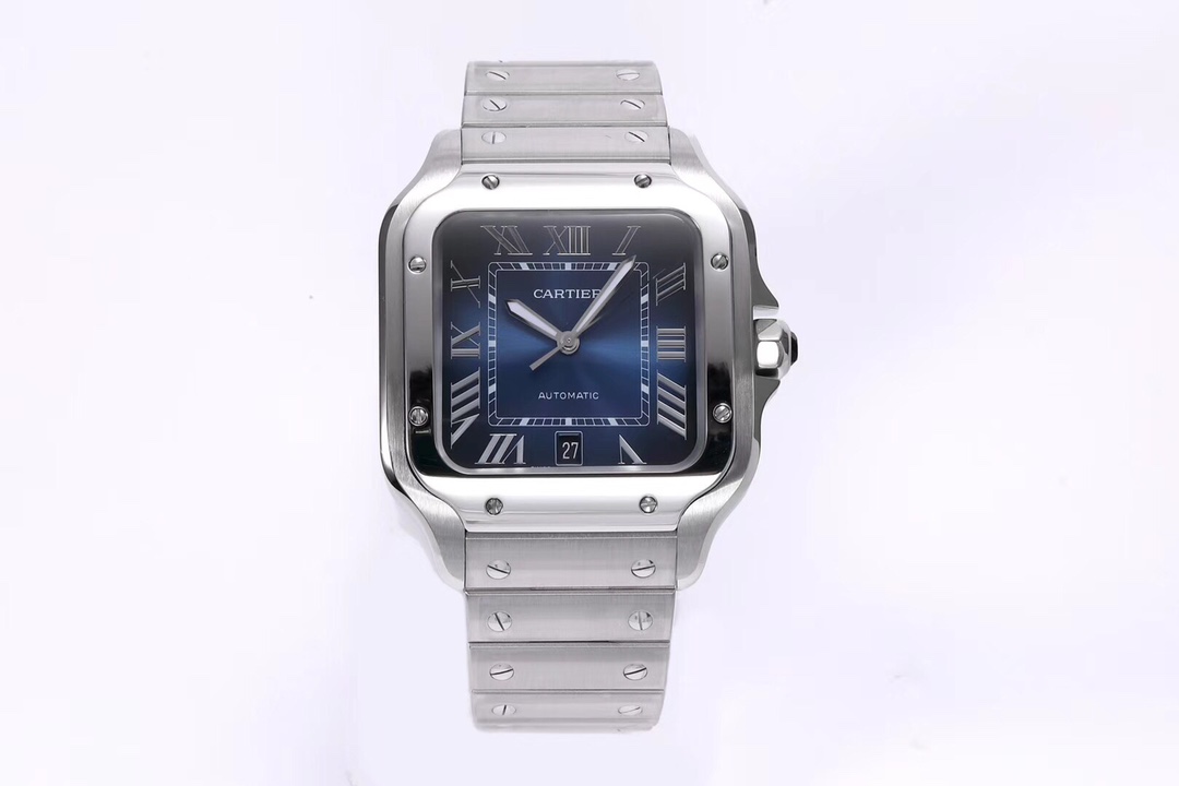 Full view of the BVF Super Clone Cartier Santos silver case replica watch, showcasing its blue dial, date display, and steel bracelet.