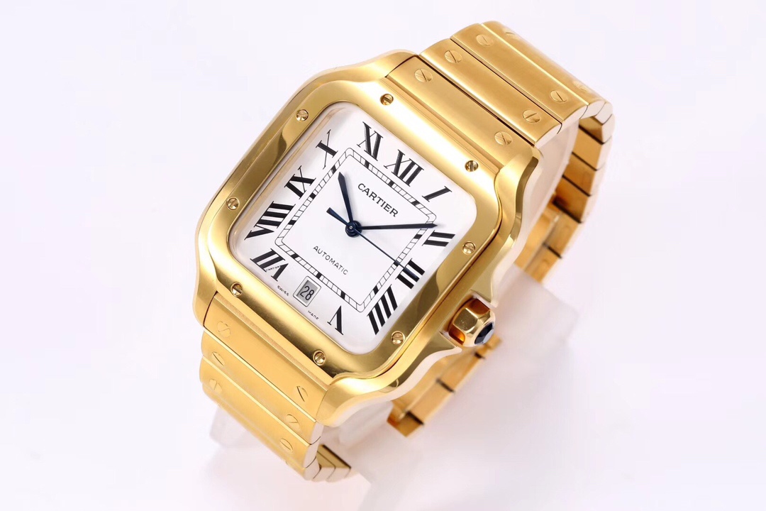 BVF Super Clone Cartier Santos replica watch clearly displaying the date window and its luxurious gold and steel bracelet.