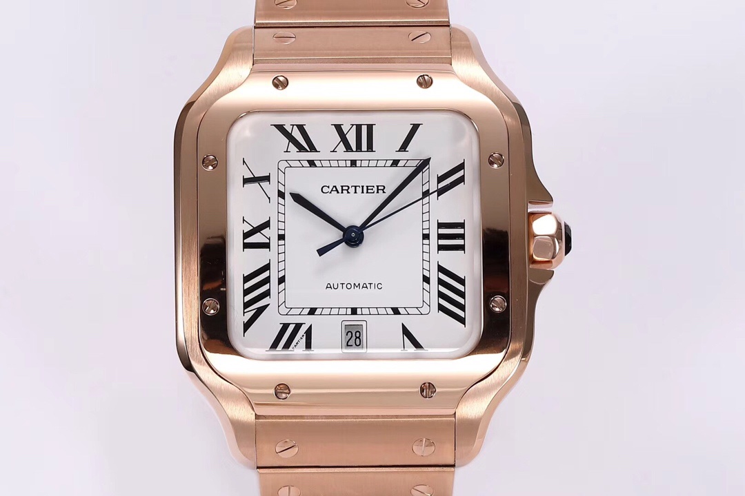 Front view of the BVF Super Clone Cartier Santos rose gold replica watch with a white dial, date display, and steel bracelet.
