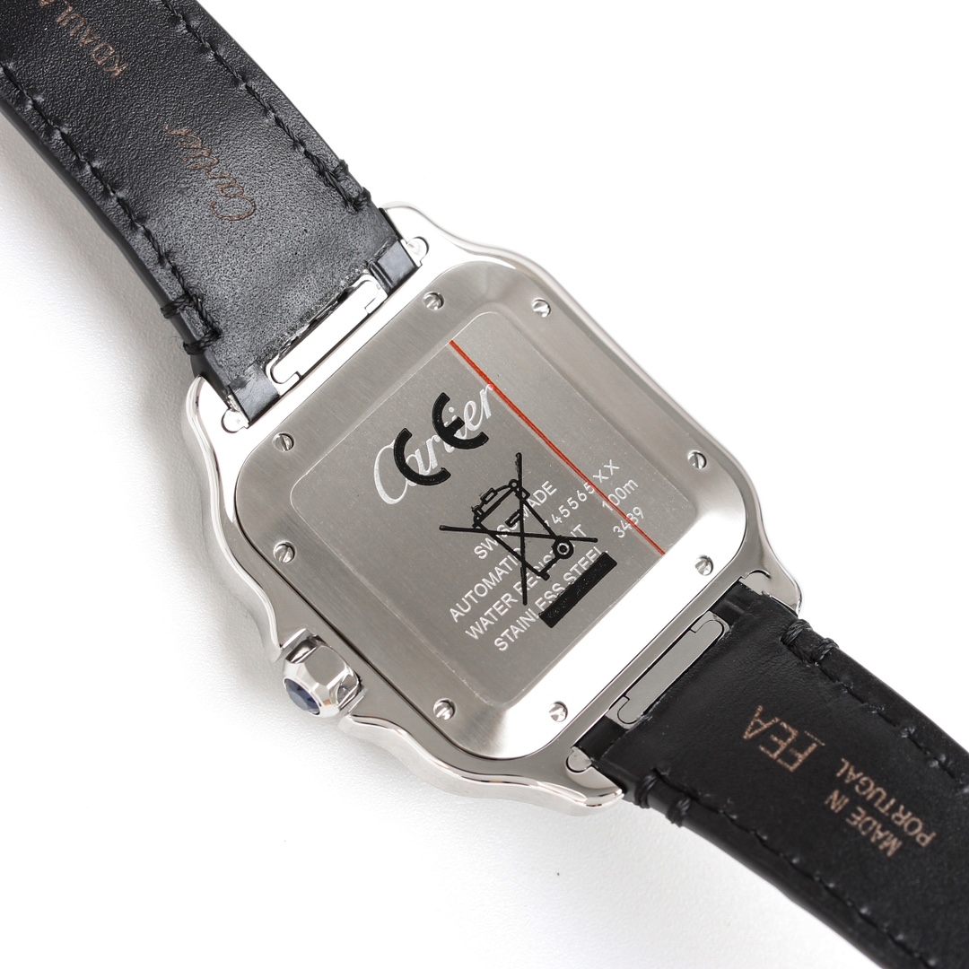 View of the caseback of the BVF Super Clone Cartier Santos Black & Steel case replica watch, showing engravings and the black leather strap.