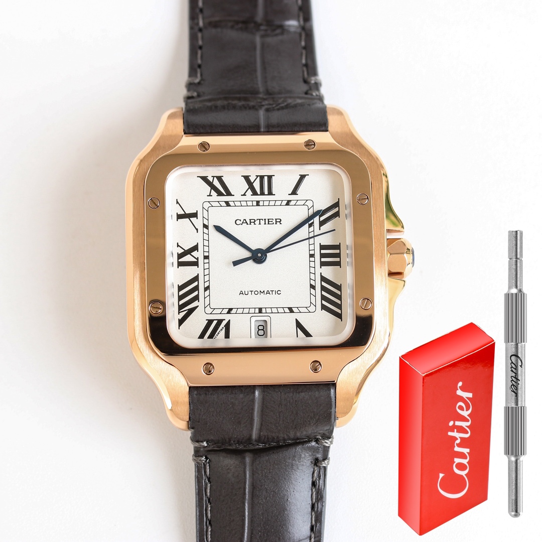 BVF Super Clone Cartier Santos rose gold replica watch full view with date display, black leather strap, and red Cartier box.