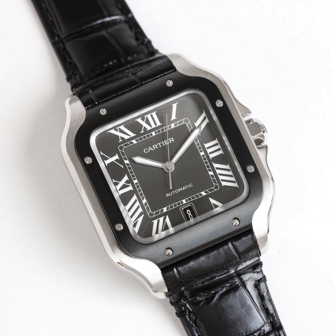 Top angle view of the BVF Super Clone Cartier Santos Black & Steel case replica watch, showcasing the black dial and Roman numerals.