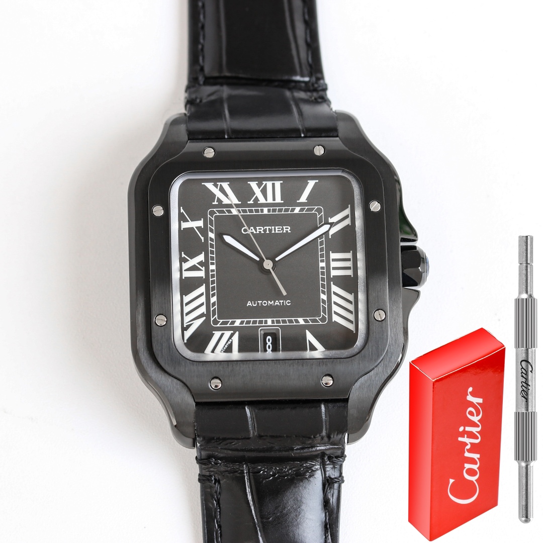 BVF Super Clone Cartier Santos black case replica watch full view with black leather strap and red Cartier box