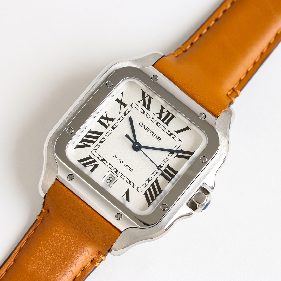 Another angled view of the BVF Super Clone Cartier Santos silver case replica watch, emphasizing the blue gemstone on the crown and the orange strap.