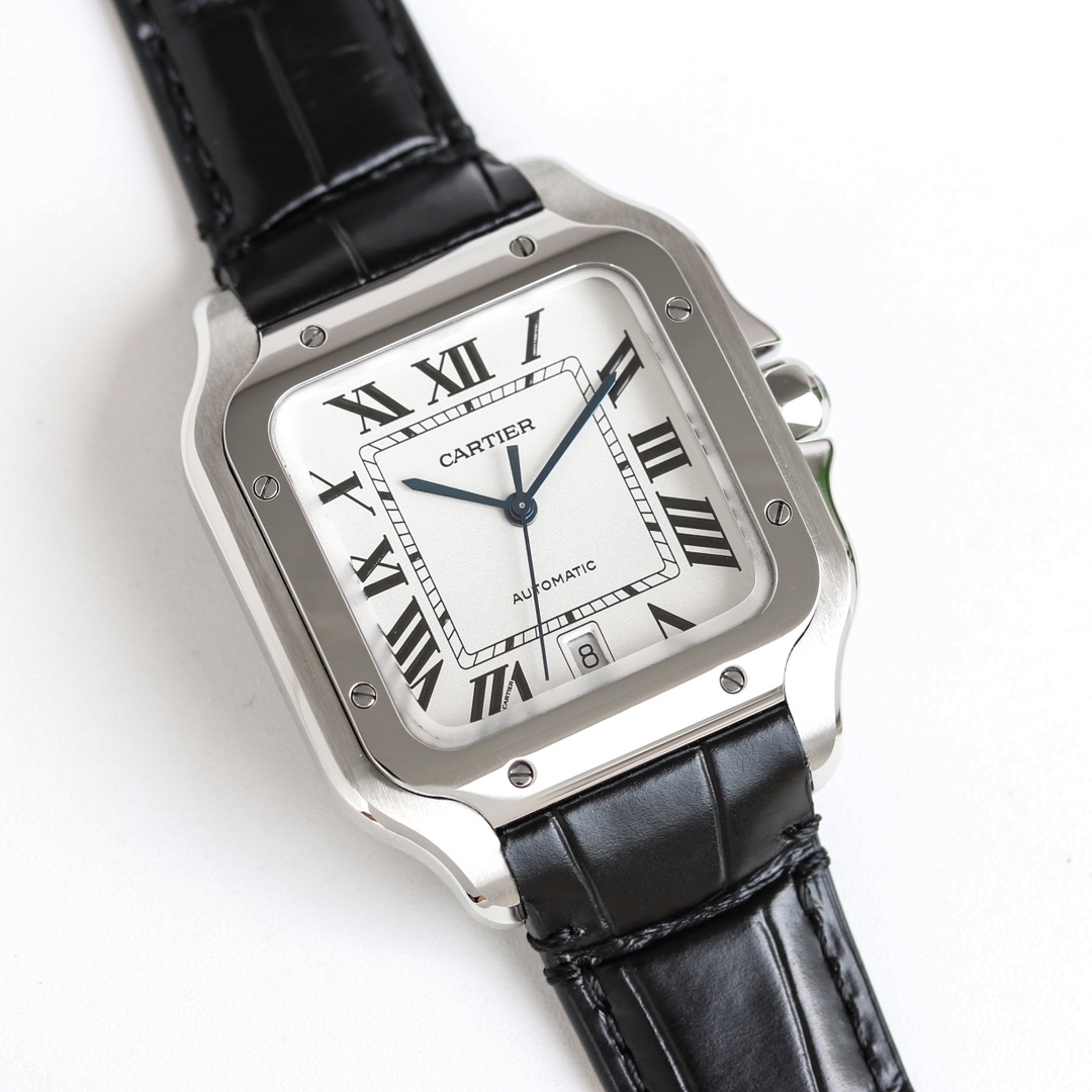 Angled view of the Taiwan Factory Super Clone Cartier Santos silver case replica watch, highlighting the silver case with its black leather strap.