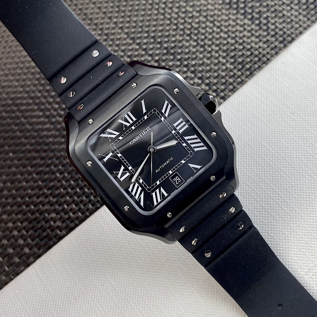 Another front angle close-up of the BVF Super Clone Cartier Santos WSSA0039 black case replica watch, clearly showing its ADLC-coated case and dial texture.