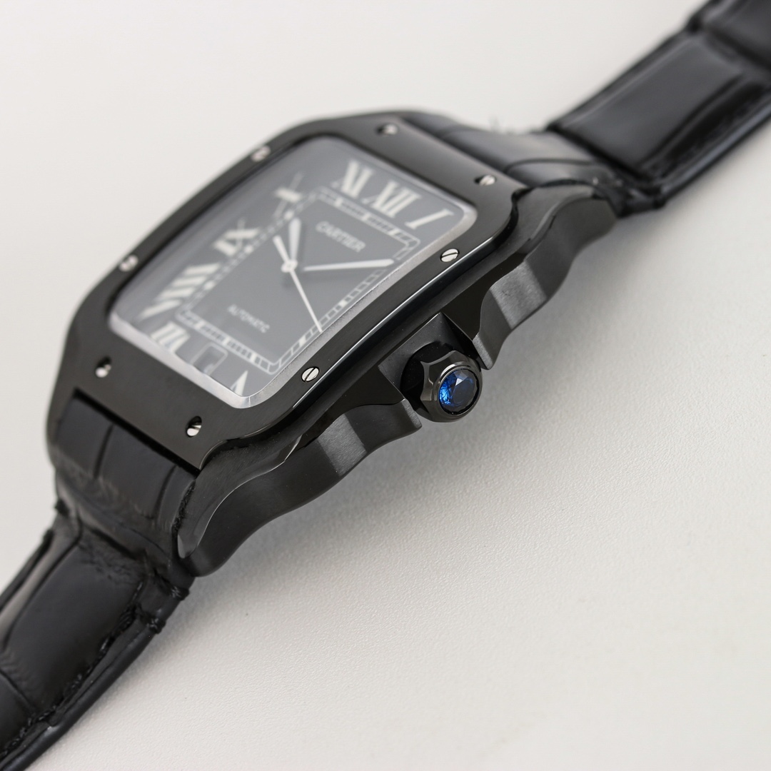 BVF Super Clone Cartier Santos black case replica watch crown with blue gemstone