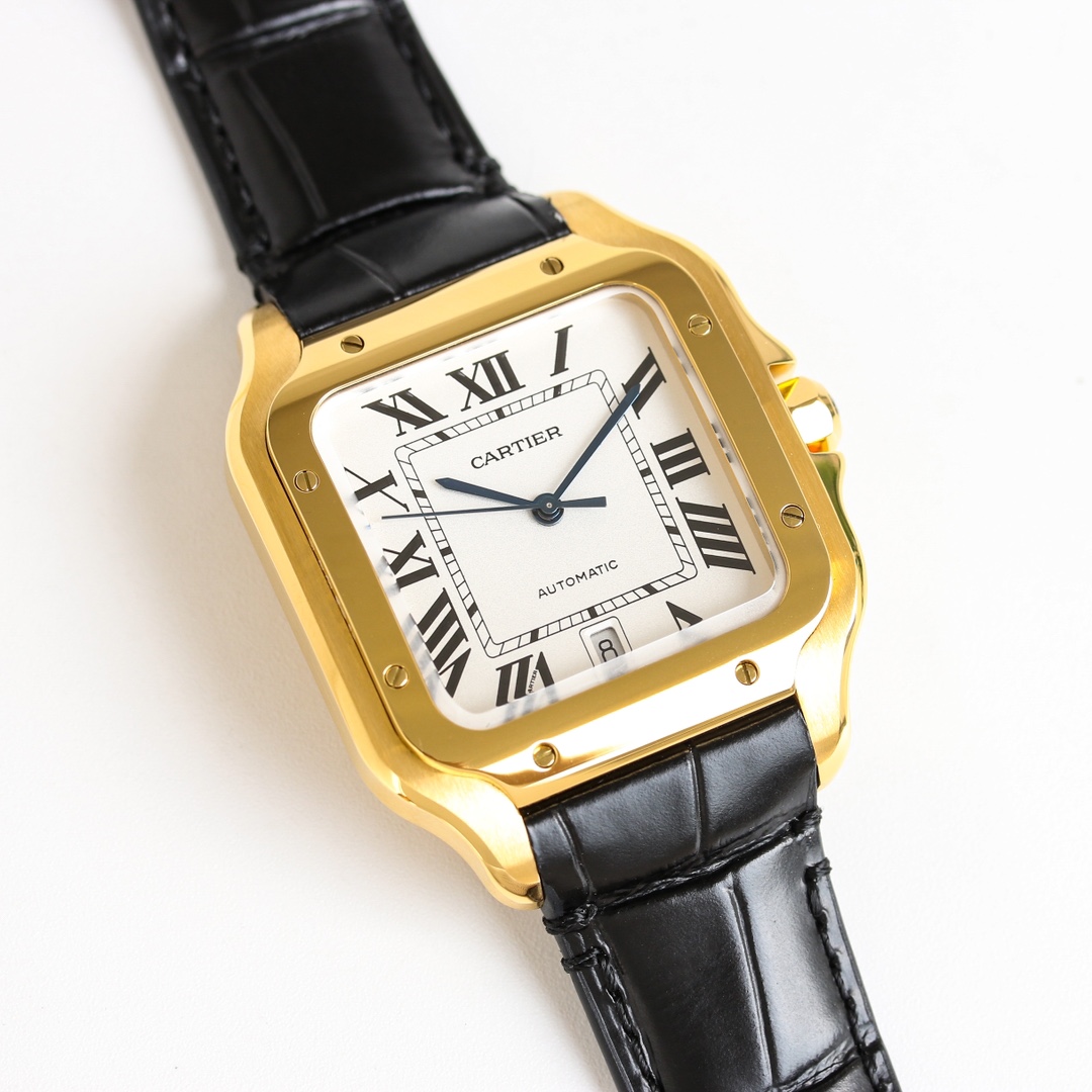 Top angle view of the BVF Super Clone Cartier Santos gold case replica watch, showcasing the white dial and black Roman numeral markers.