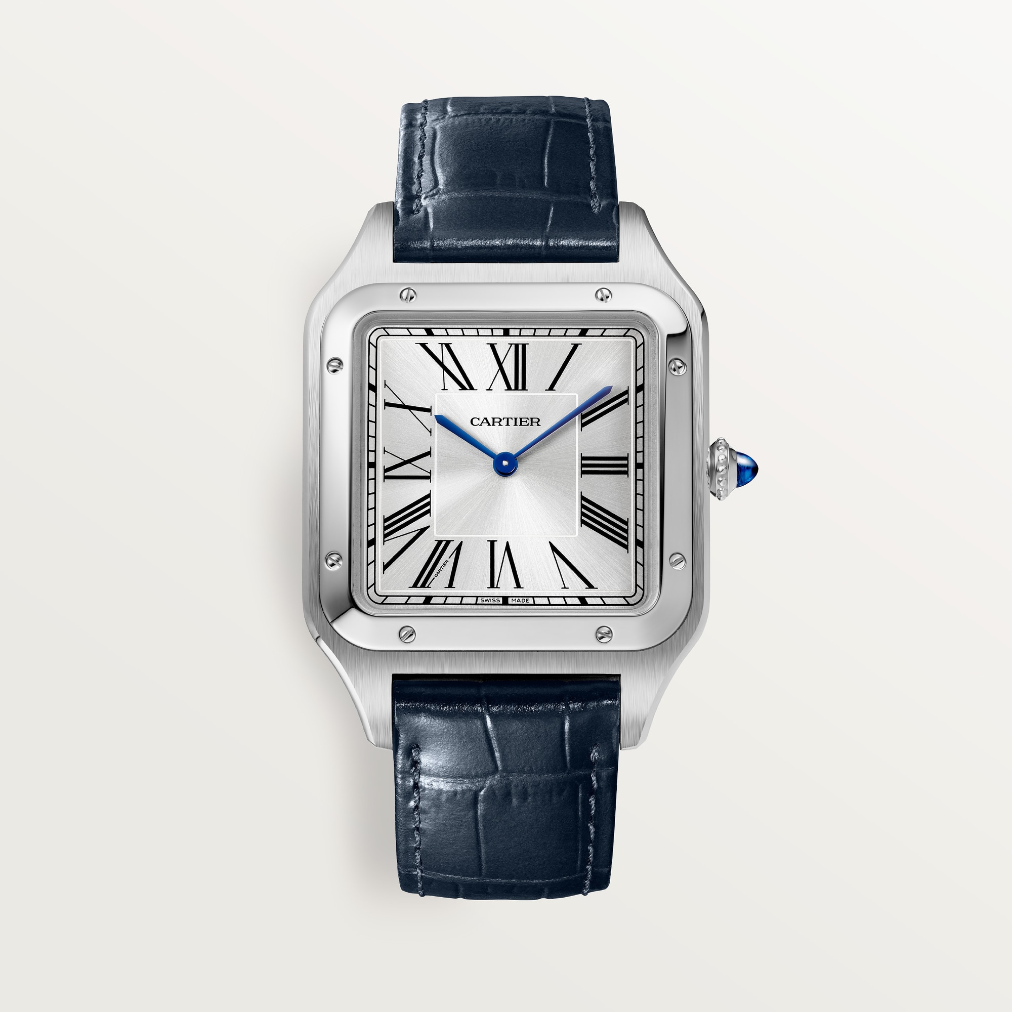 Cool, clean, and effortlessly classic. The Cartier Santos-Dumont XL in stainless steel is the epitome of "quiet luxury",The combination of sleek steel and a deep blue strap is timeless.