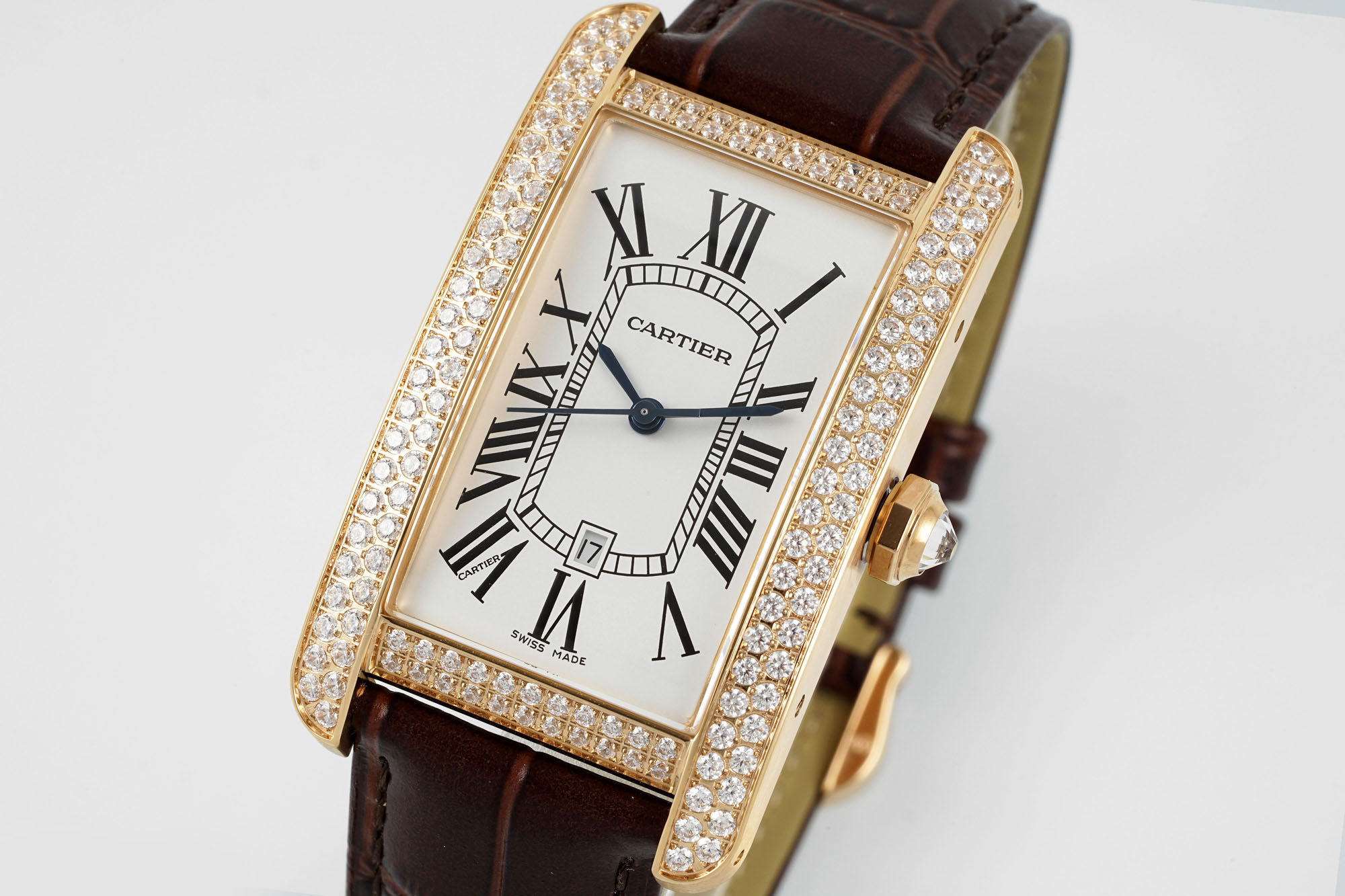 Angled view of the AF Super Clone Cartier Tank Américaine rose gold diamond-set replica watch dial, showing the diamond-studded bezel and Roman numerals.