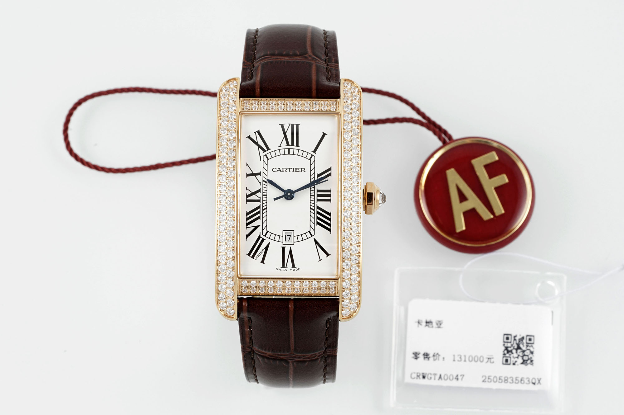 AF Super Clone Cartier Tank Américaine rose gold diamond-set replica watch, full view with brown alligator-grain leather strap and tag.