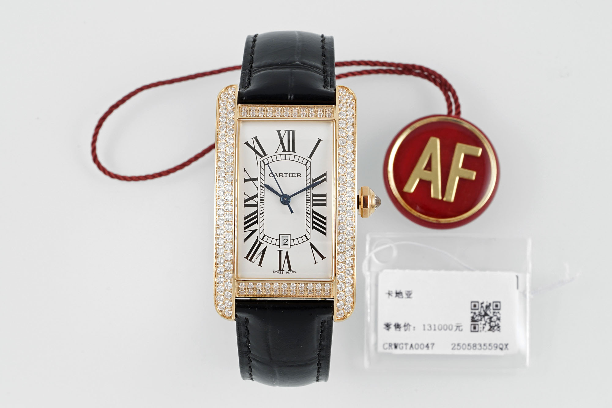 Top-down view of the AF Super Clone Cartier Tank Américaine rose gold diamond-set replica watch with black leather strap and AF tag.