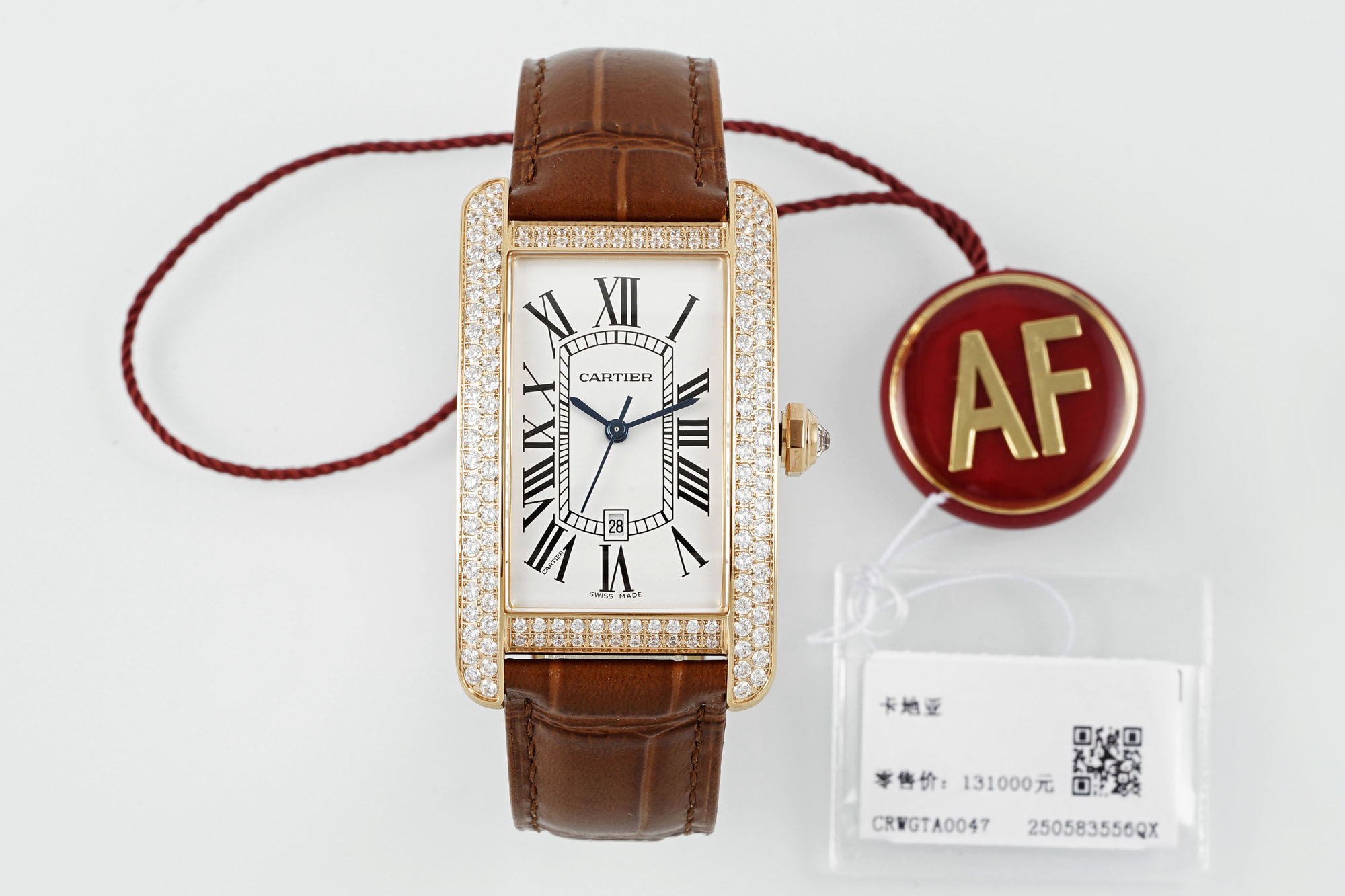 Top-down view of the AF Super Clone Cartier Tank Américaine rose gold diamond-set replica watch with brown leather strap and AF tag.