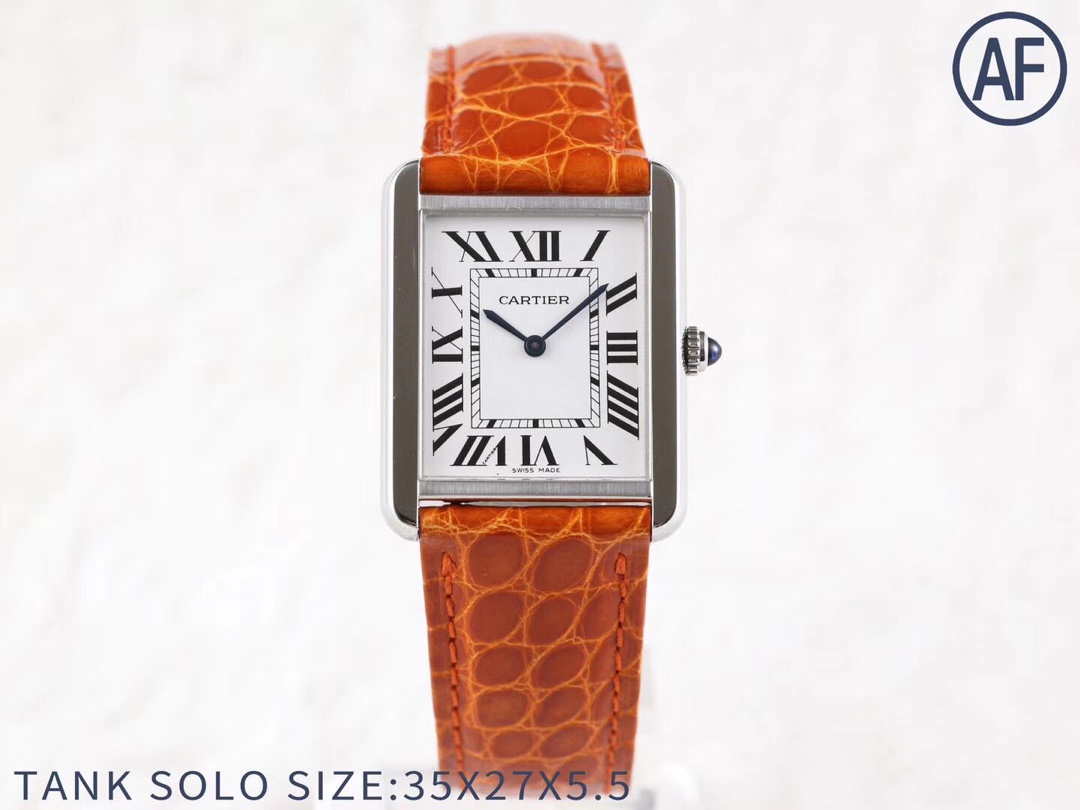 Front full view of the AF Super Clone Cartier Tank Solo silver case replica watch with a white dial and orange leather strap, showing size 35x27x5.5mm.