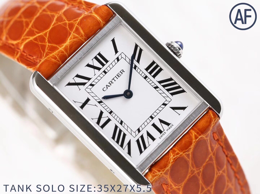 Another angled view of the AF Super Clone Cartier Tank Solo silver case replica watch, emphasizing the dial details and silver case.