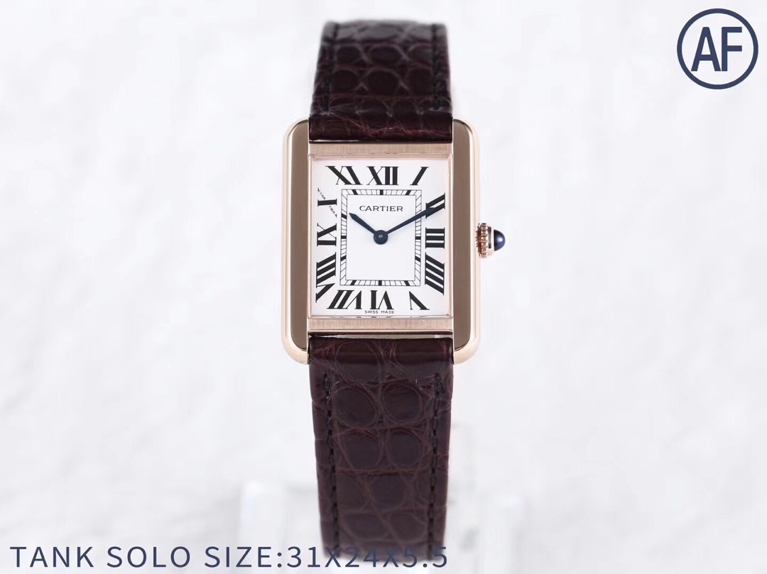 Front full view of the AF Super Clone Cartier Tank Solo gold case replica watch with a silver dial and brown leather strap, showing size 31x24x5.5mm.