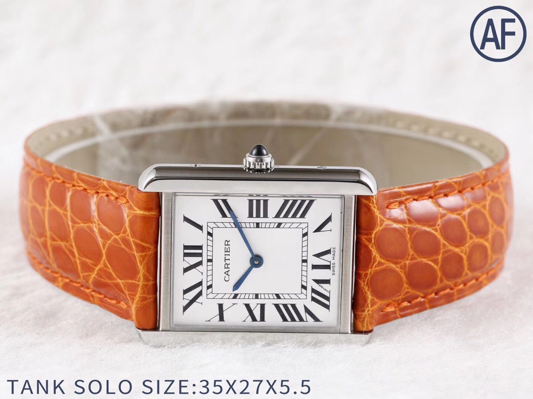 AF Super Clone Cartier Tank Solo silver case replica watch displayed on a stand, showing its elegant form and stated dimensions.