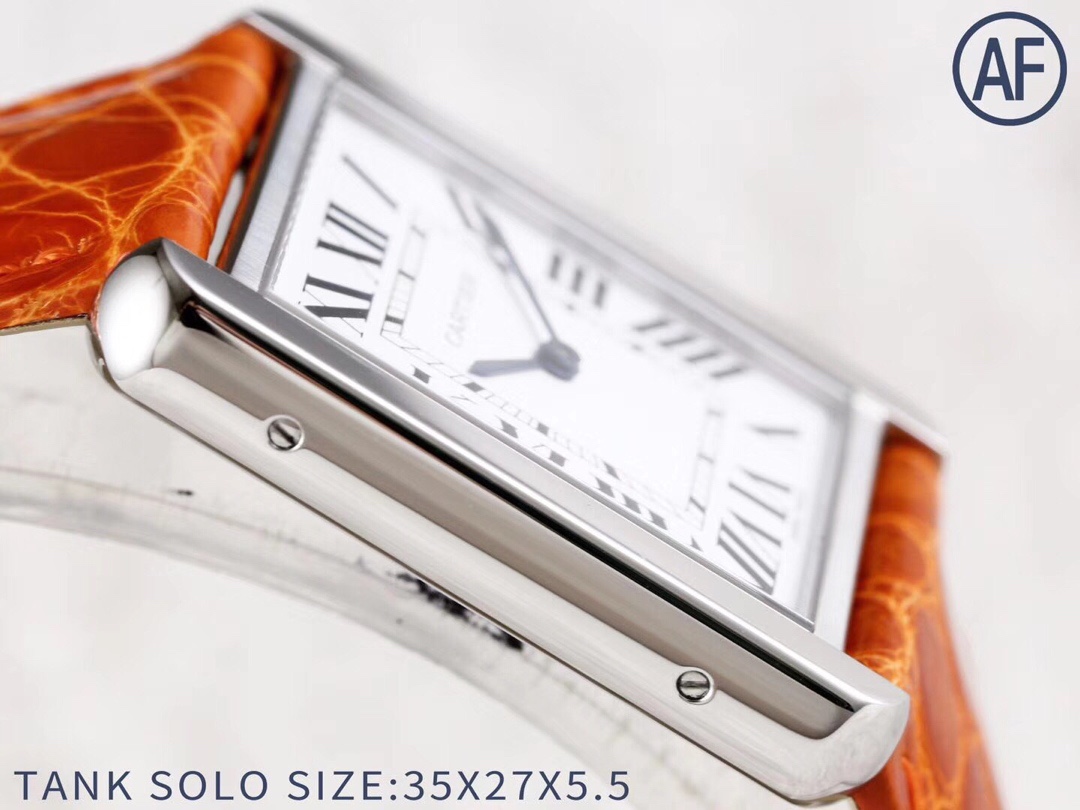 Full side profile view of the AF Super Clone Cartier Tank Solo silver case replica watch, highlighting its slim design.