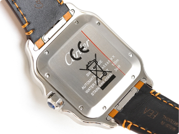 Close-up of the caseback of the Santos de Cartier watch from BVF Factory, detailing the sharp laser engravings and information.