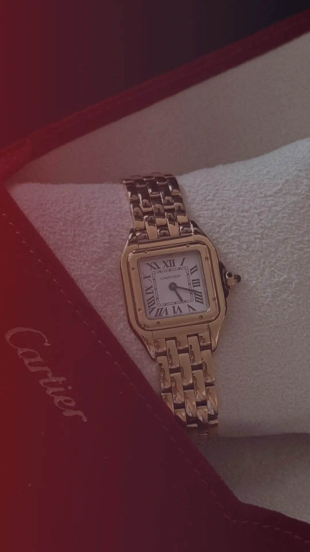 Gold Cartier Panthère watch dupe with link bracelet displayed in a red box, stylish Cartier watch dupe for mobile shoppers.