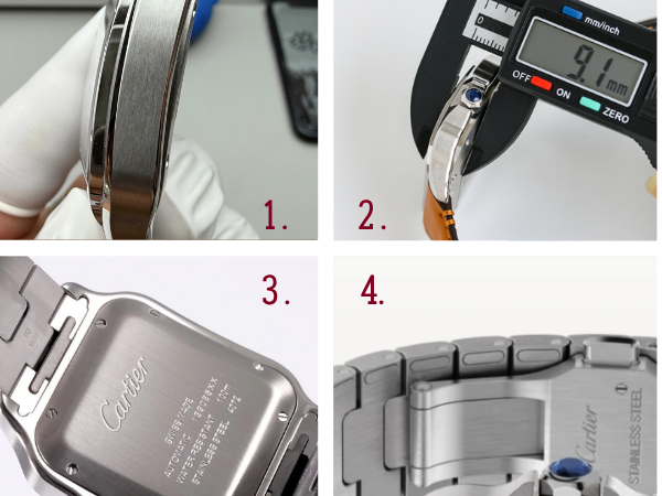 Collage of four images showing the Santos de Cartier watch from BVF Factory, highlighting the slim 9.1mm case profile, caseback engravings, and QuickSwitch/SmartLink systems on the bracelet.