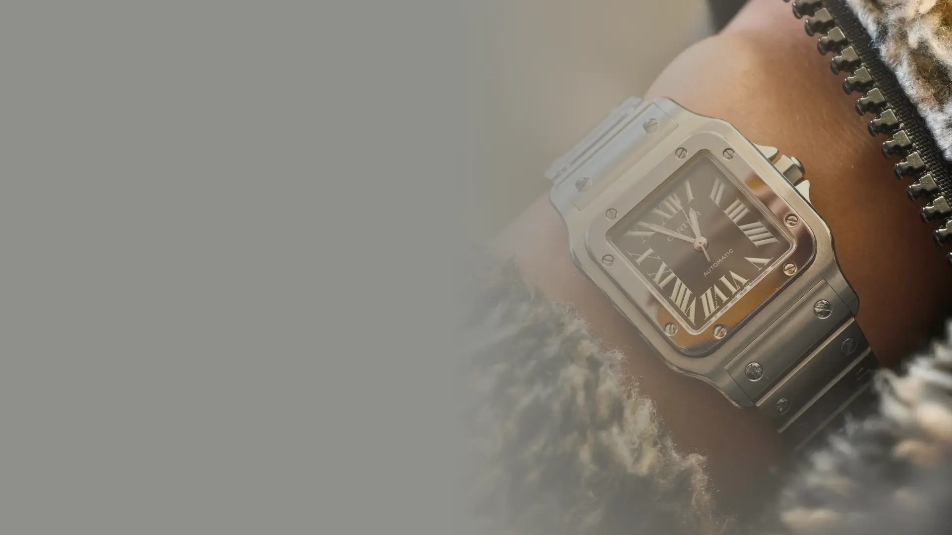 Silver Santos de Cartier watch dupe with square dial on wrist High-quality Cartier watch alternative.