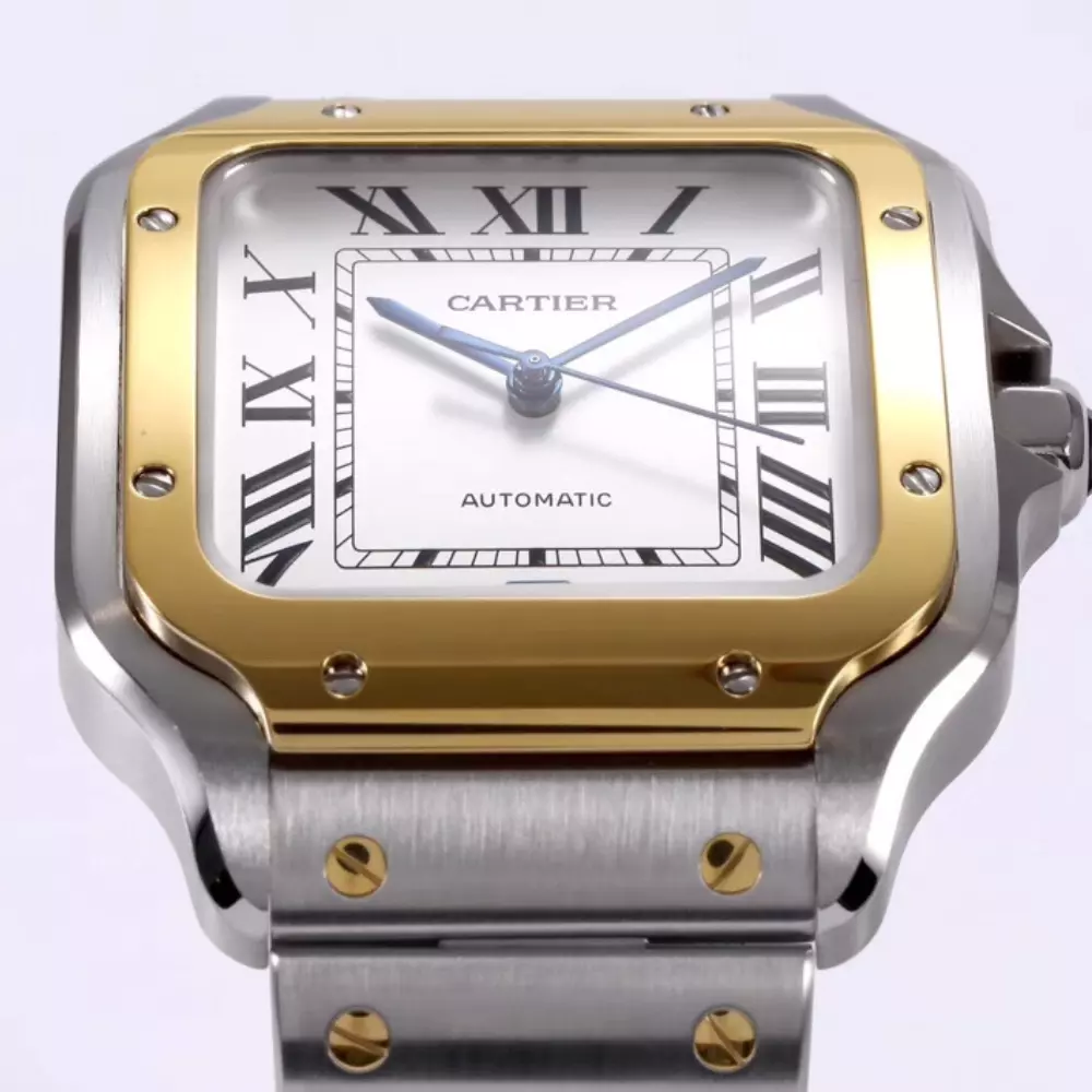Cover image of the Cartier Santos Super Clone collection from BVF factory, showcasing its signature square case with exposed screws and a two-tone metal bracelet.