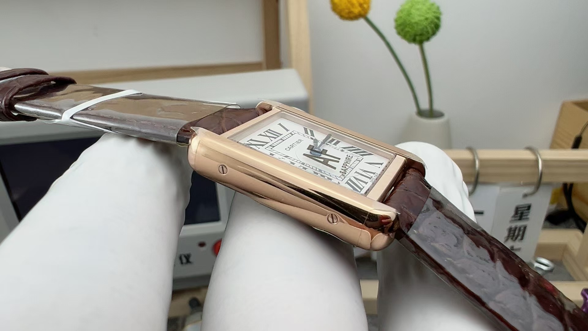 AF Super Clone Tank Solo | Rose Gold Case | Silver Dial & Brown Leather Strap