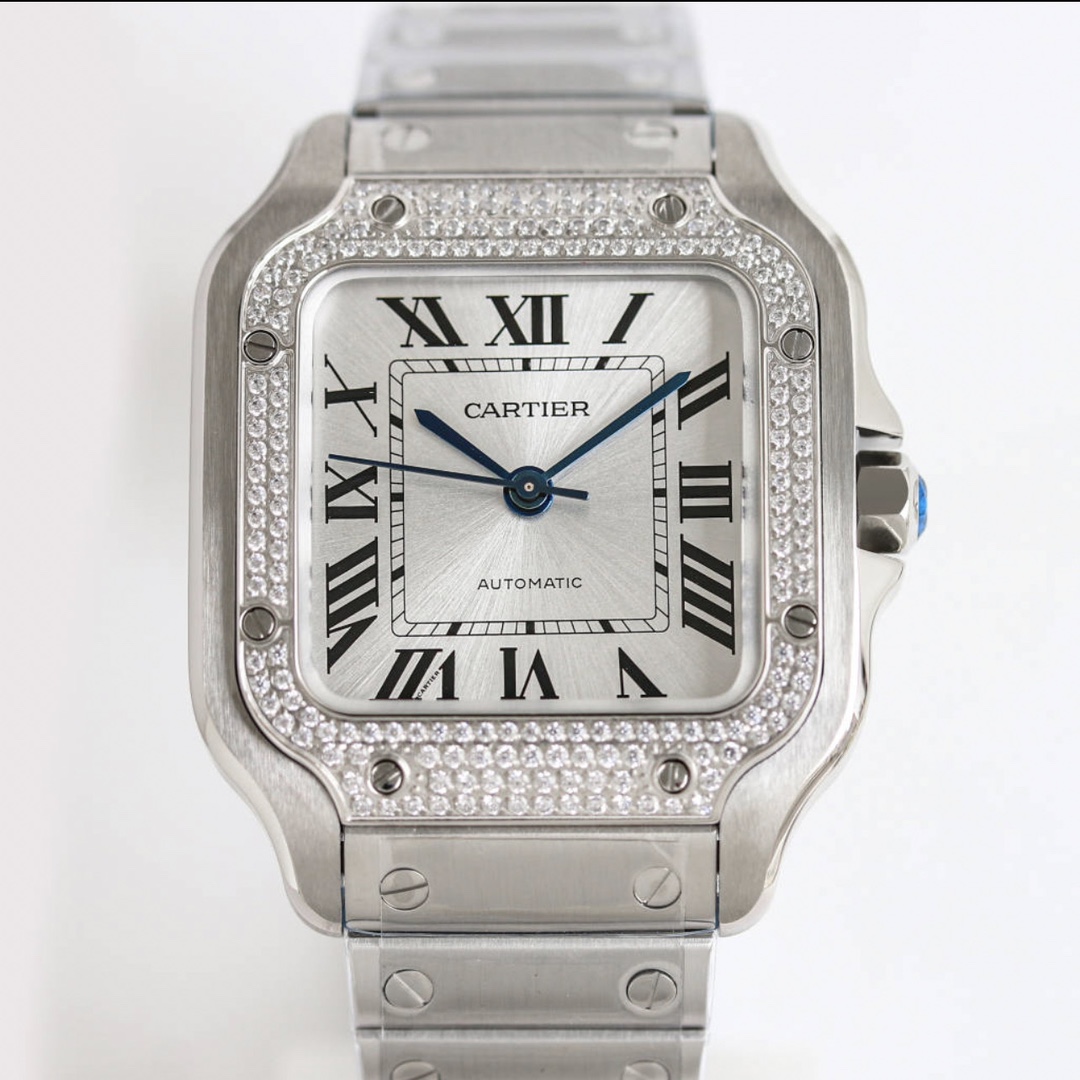 BVF Super Clone Santos | Silver Case with Diamonds | White Dial & Steel Strap