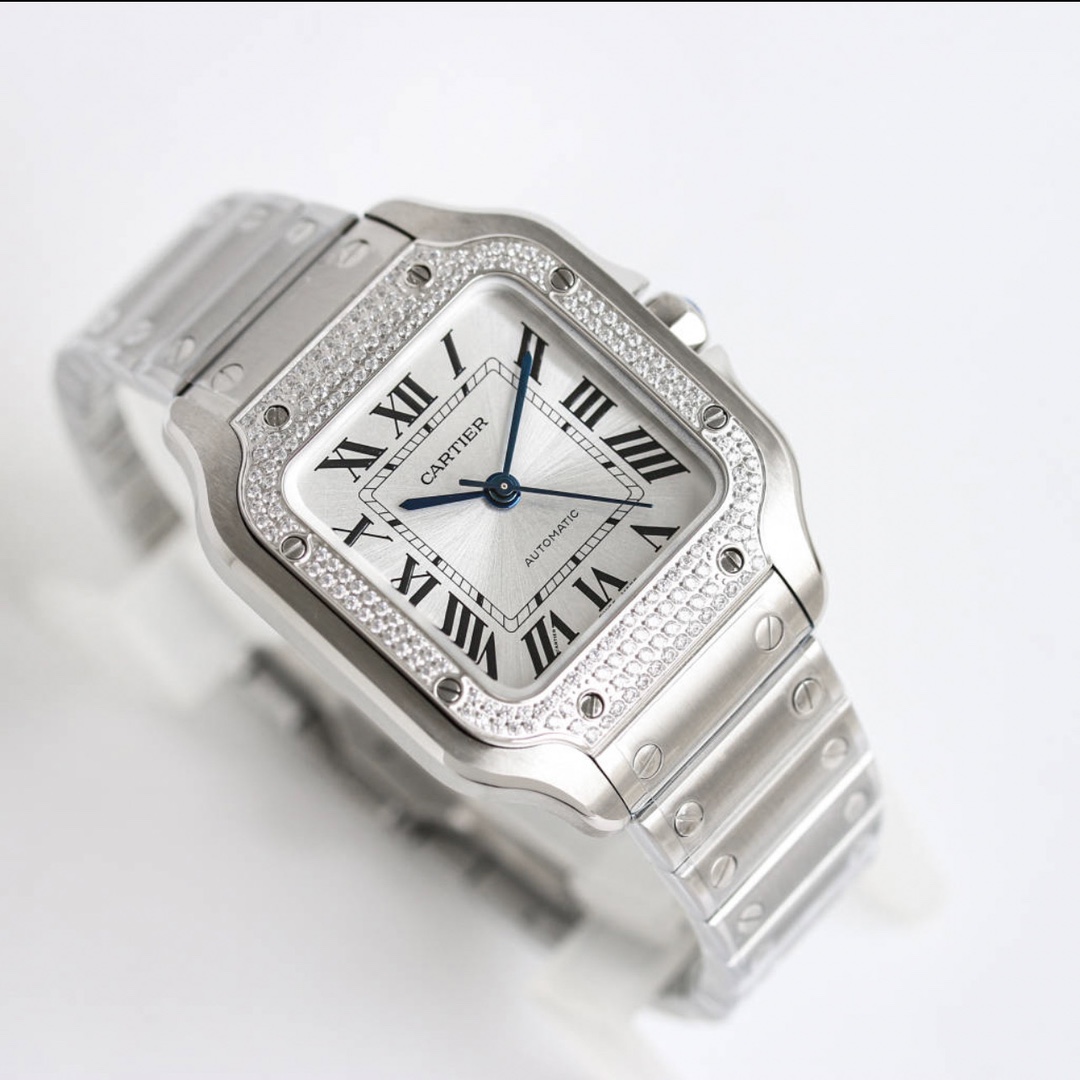 BVF Super Clone Santos | Silver Case with Diamonds | White Dial & Steel Strap