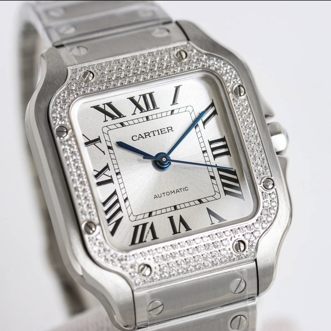 BVF Super Clone Santos | Silver Case with Diamonds | White Dial & Steel Strap