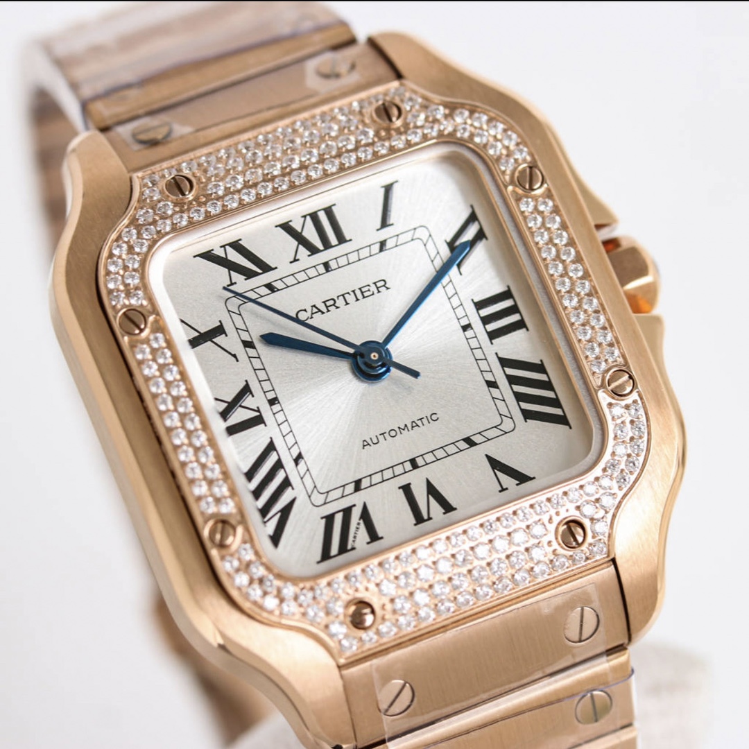 BVF Super Clone Santos | Rose Gold Case with Diamonds | White Dial & Steel Strap