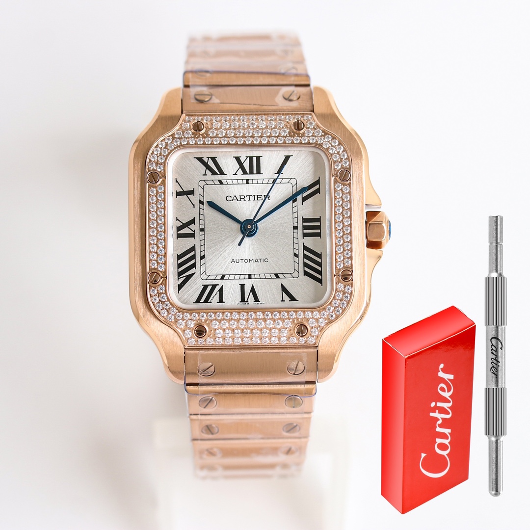 BVF Super Clone Santos | Rose Gold Case with Diamonds | White Dial & Steel Strap