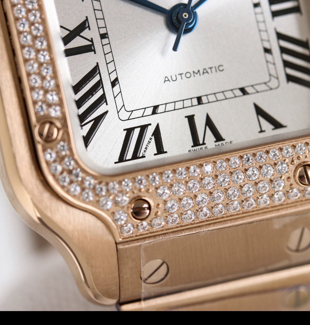 BVF Super Clone Santos | Rose Gold Case with Diamonds | White Dial & Steel Strap