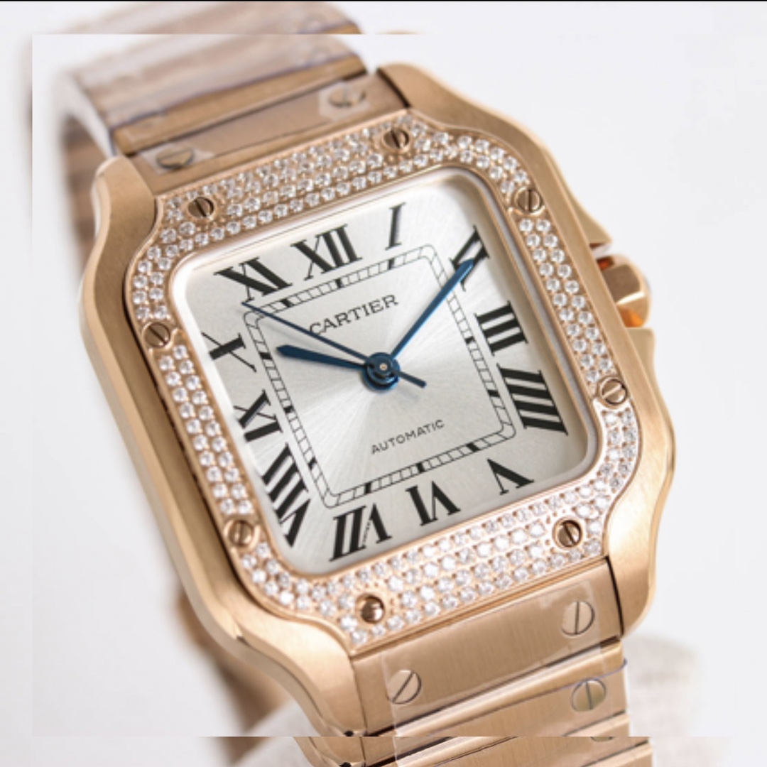 BVF Super Clone Santos | Rose Gold Case with Diamonds | White Dial & Steel Strap