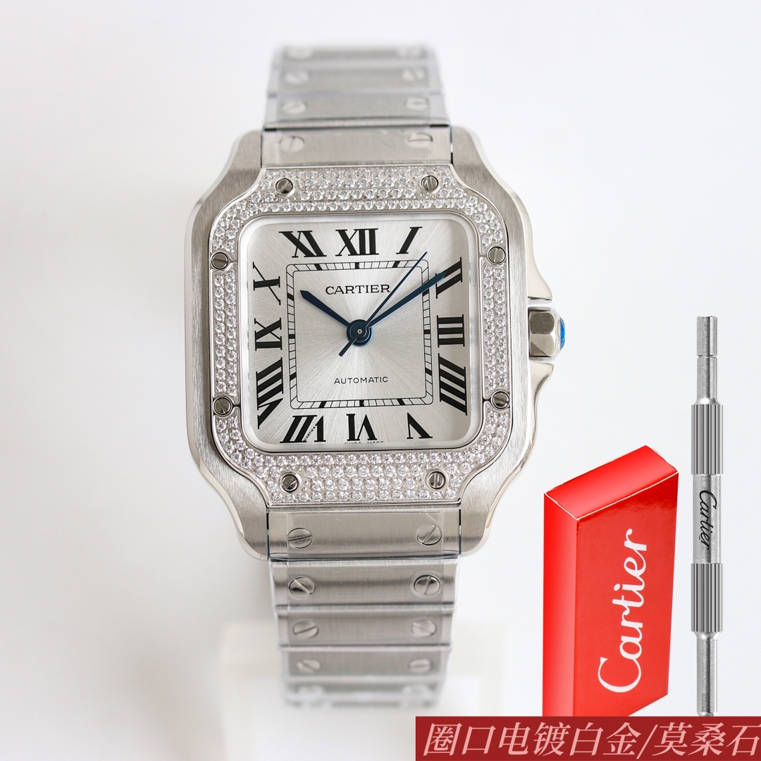 BVF Super Clone Santos | Silver Case with Diamonds | White Dial & Steel Strap