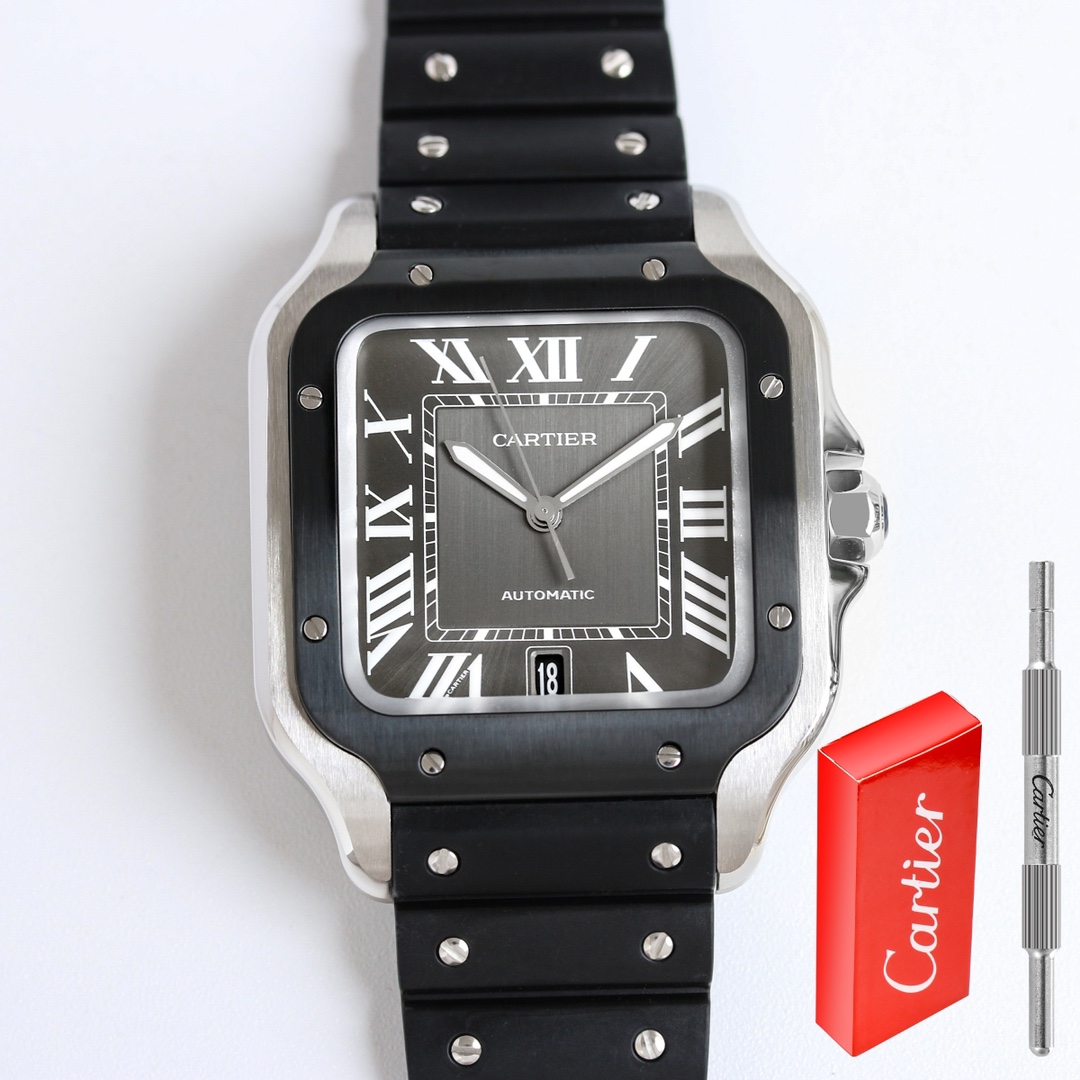 BVF Super Clone Santos Large Size | Black Silver Case | Black Dial & Black Plastic Strap