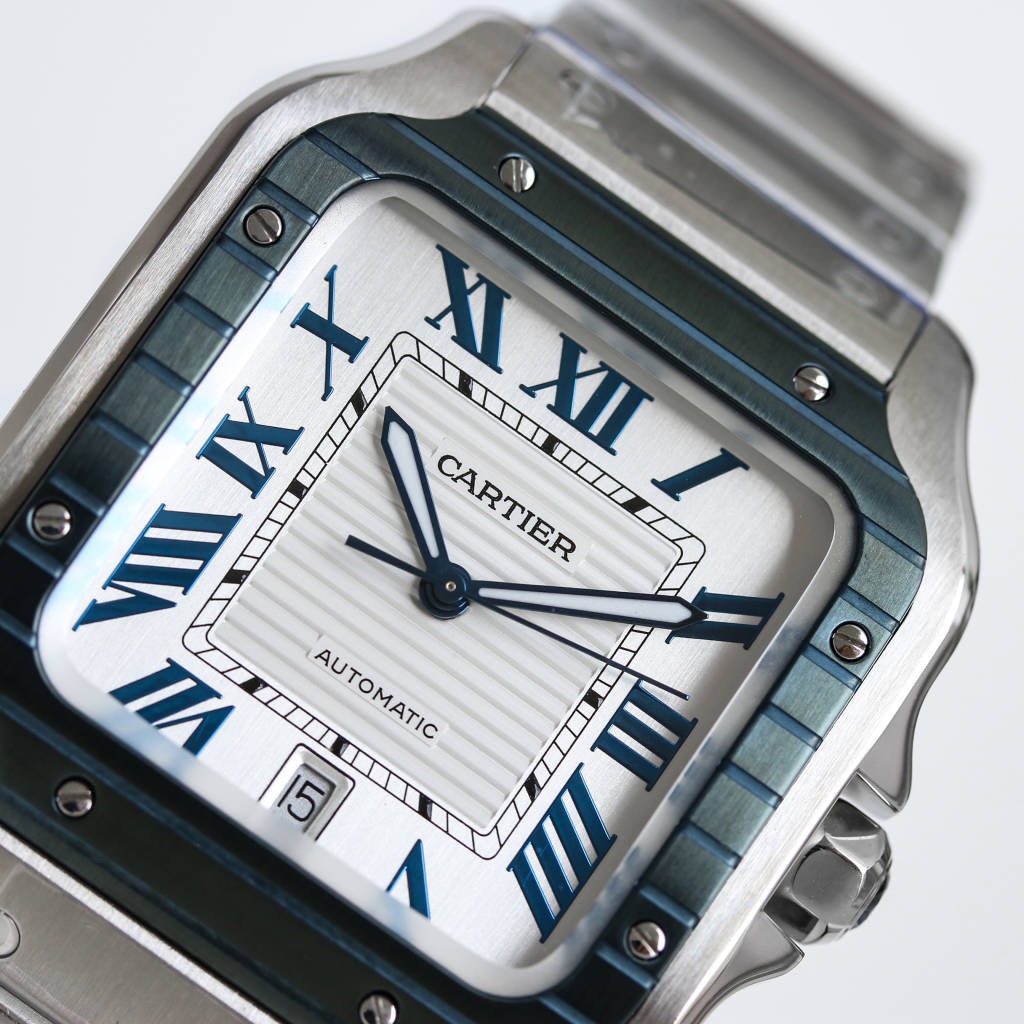 BVF Super Clone Santos Large Size | Blue Silver Striped Case | White Dial & Steel Strap