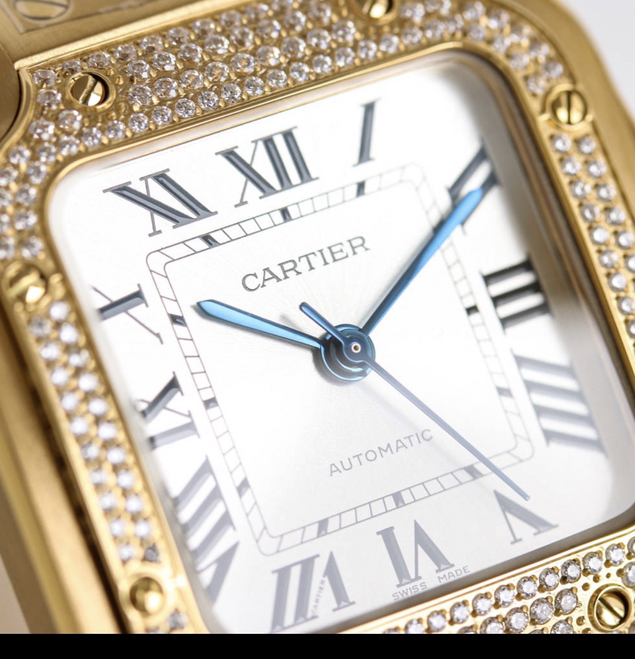 BVF Super Clone Santos | Gold Case with Diamonds | White Dial & Steel Strap
