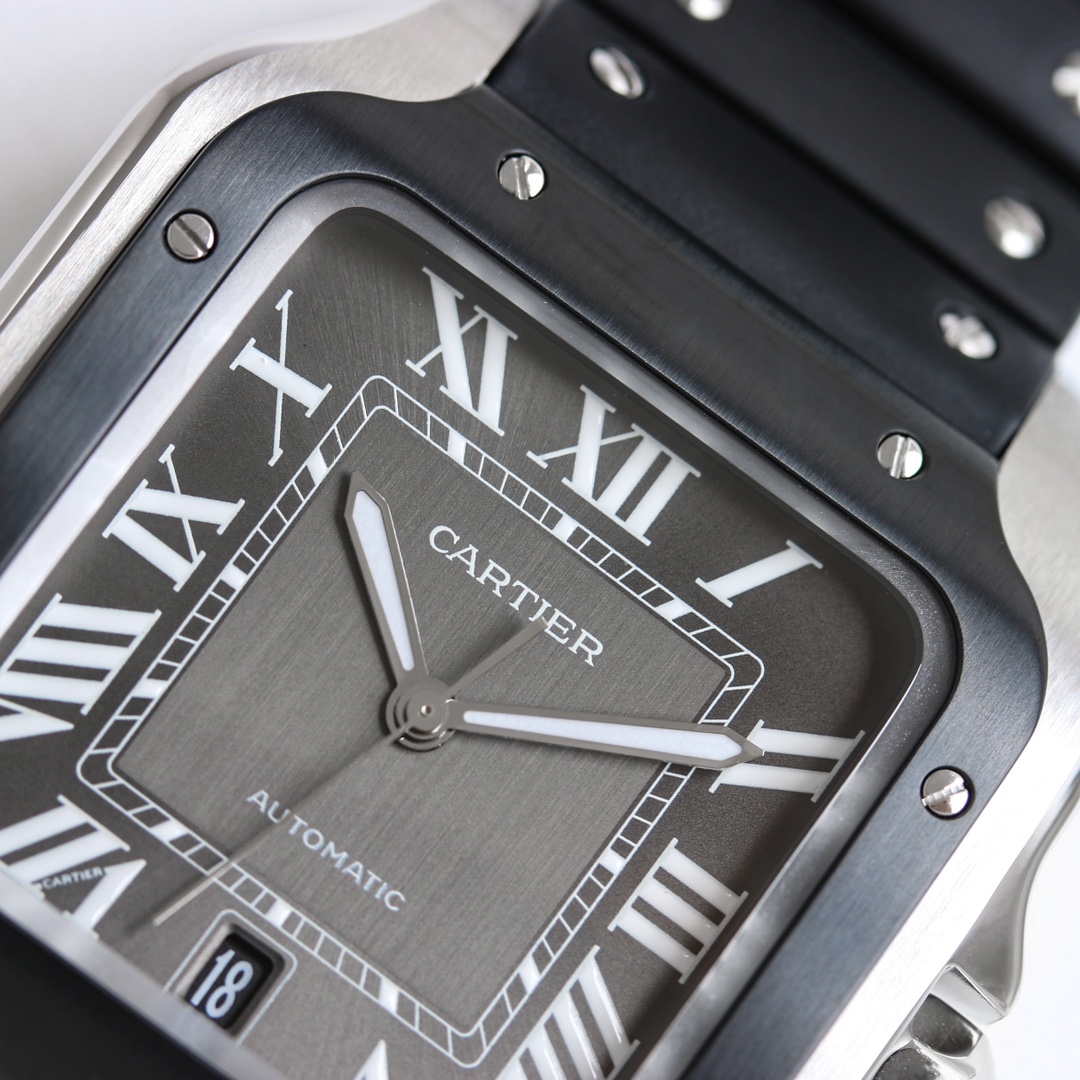 BVF Super Clone Santos Large Size | Black Silver Case | Black Dial & Black Plastic Strap