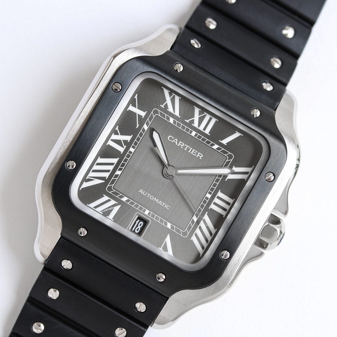 BVF Super Clone Santos Large Size | Black Silver Case | Black Dial & Black Plastic Strap